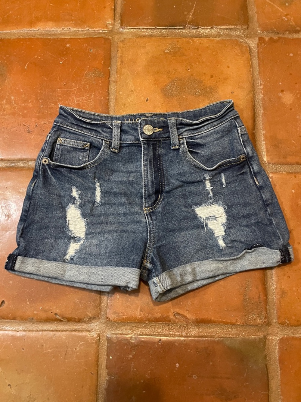 🔥🔥 (3/$20) 
Justice Girls Size 14 Distressed Dark Blue Denim Roll-Cuff Shorts